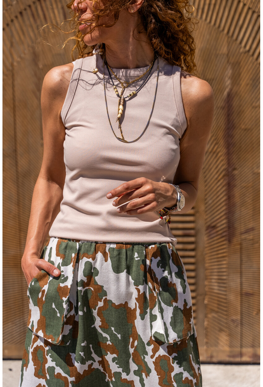 Kadın Bej Kolsuz Likralı Fitilli Basic T-Shirt BST700-3590