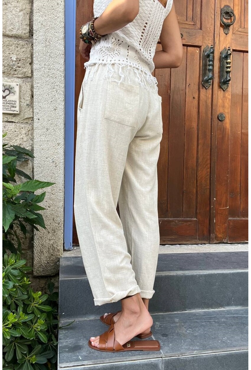Kadın Bej Özel Dokulu Beli Lastikli Cepli Salaş Pantolon BST3638