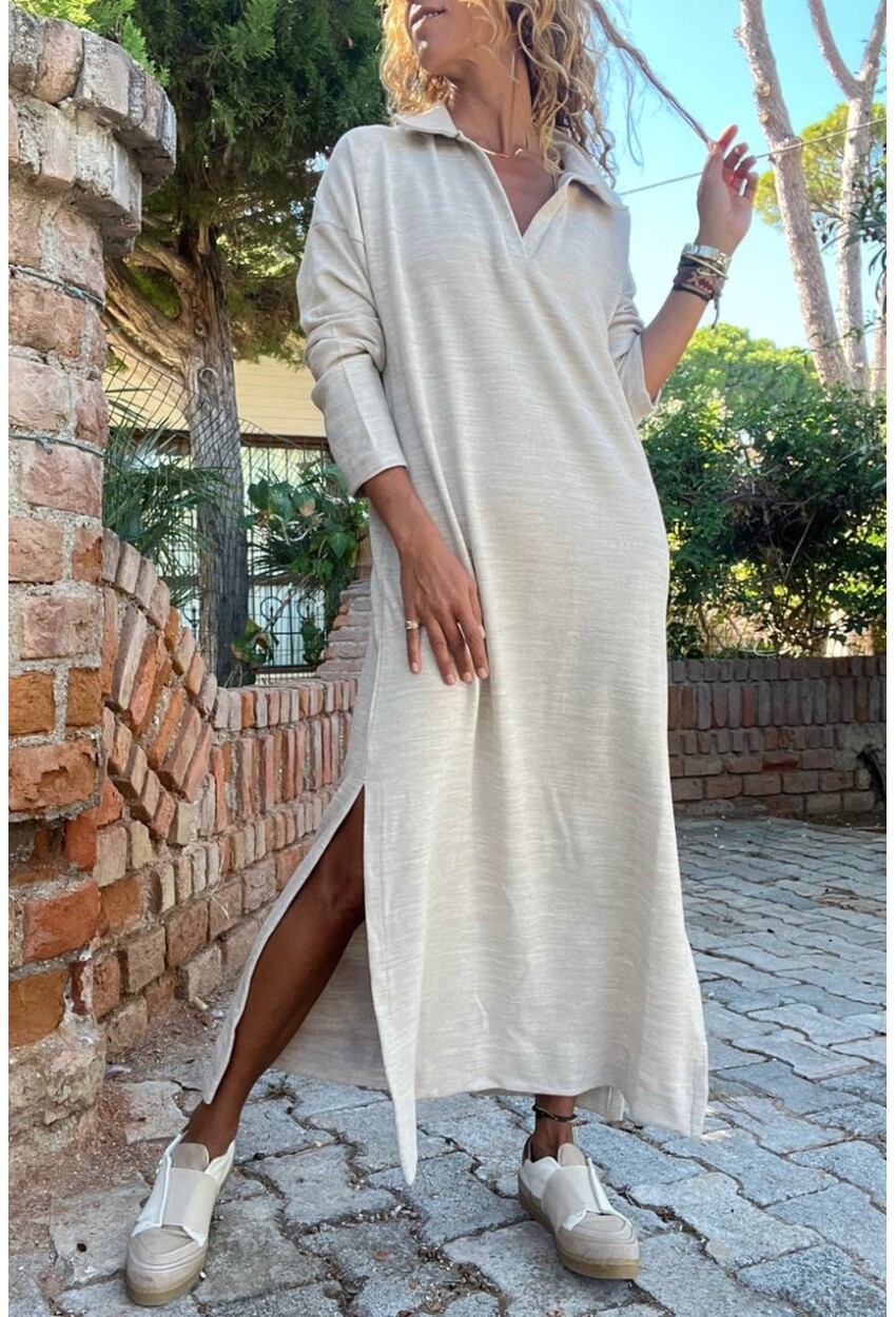 Kadın Bej Polo Yaka Yanı Yırtmaçlı Yumuşak Dokulu Salaş Örme Elbise BST3660