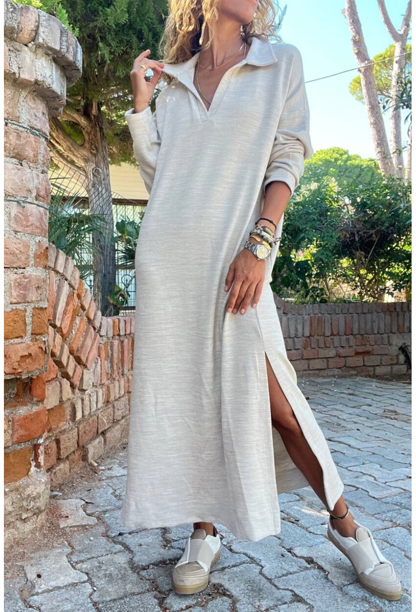 Kadın Bej Polo Yaka Yanı Yırtmaçlı Yumuşak Dokulu Salaş Örme Elbise BST3660