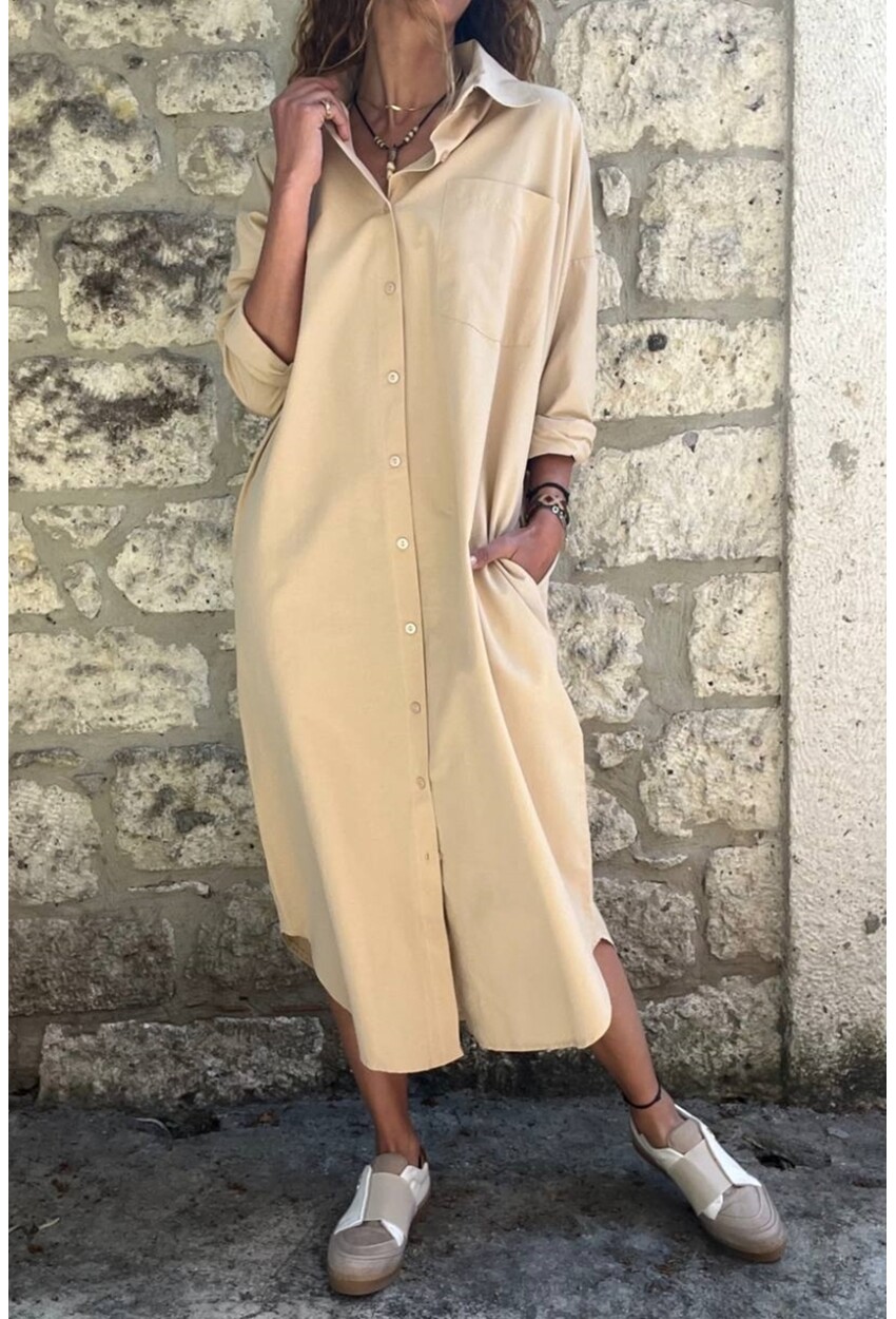 Bej Poplin Uzun Cepli Gömlek Elbise BST700-3555