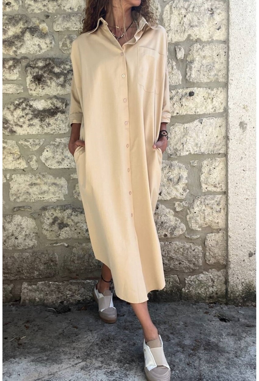 Bej Poplin Uzun Cepli Gömlek Elbise BST700-3555