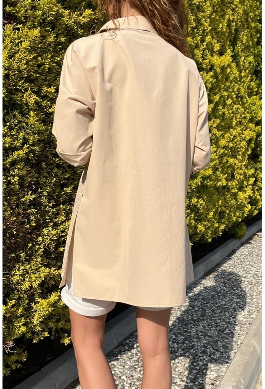 Kadın Poplin Yanı Yırtmaçlı Oversize Uzun GömlekBST700-3518