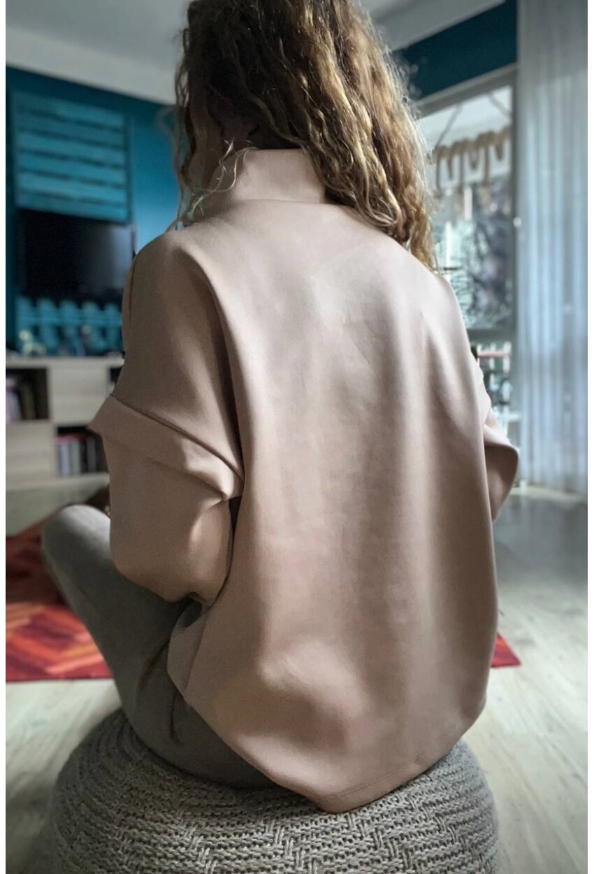 Kadın Bej Yakası Bağcıklı Scuba Salaş Sweatshirt 1St24