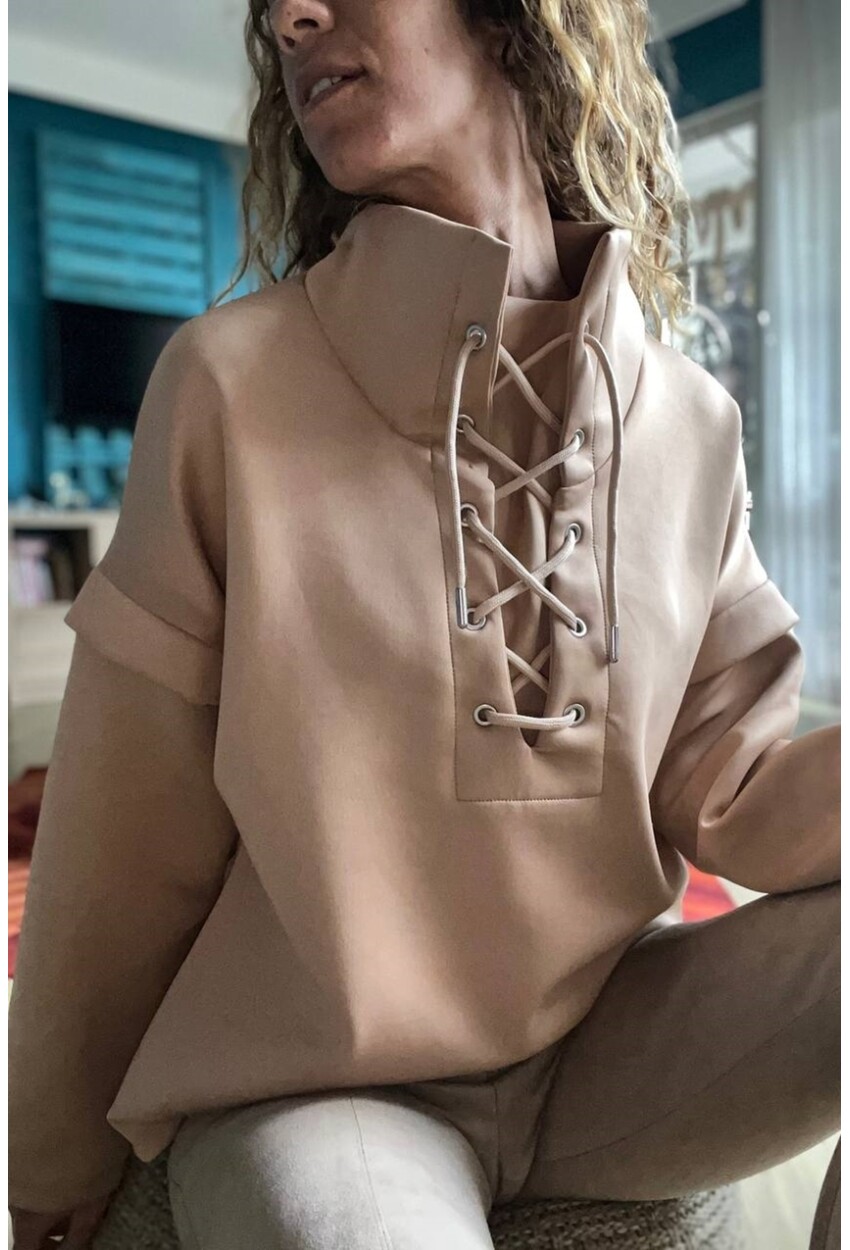 Kadın Bej Yakası Bağcıklı Scuba Salaş Sweatshirt 1St24