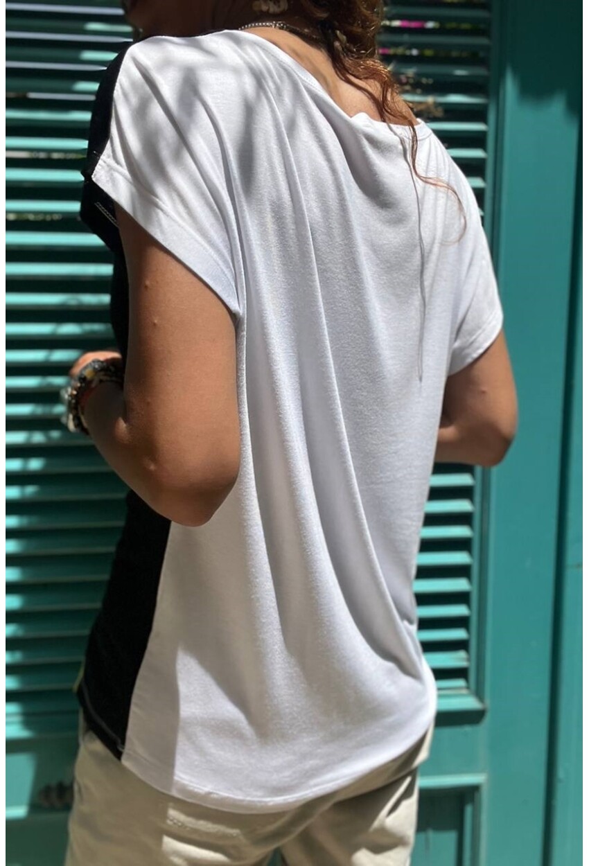 Kadın Beyaz Color Block Salaş T-Shirt GK-JR402