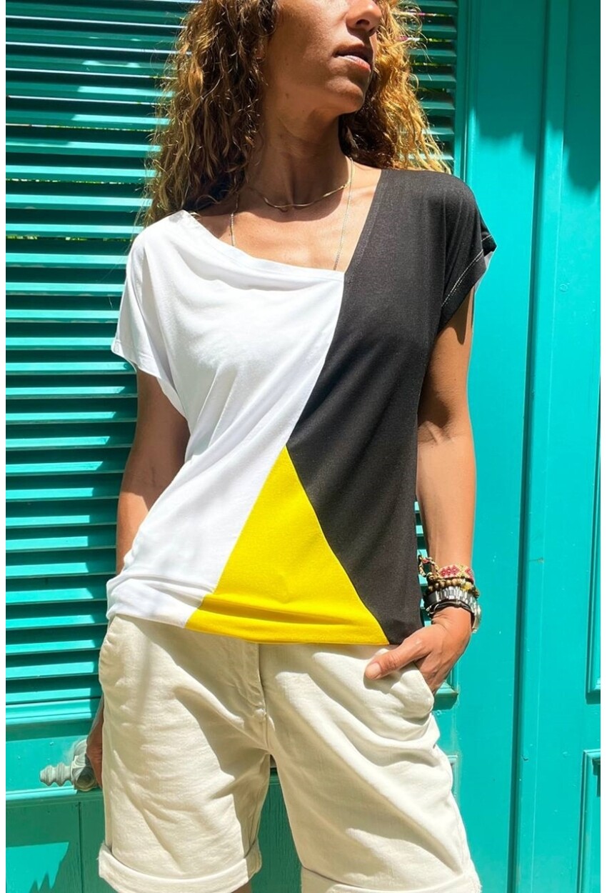 Kadın Beyaz Color Block Salaş T-Shirt GK-JR402