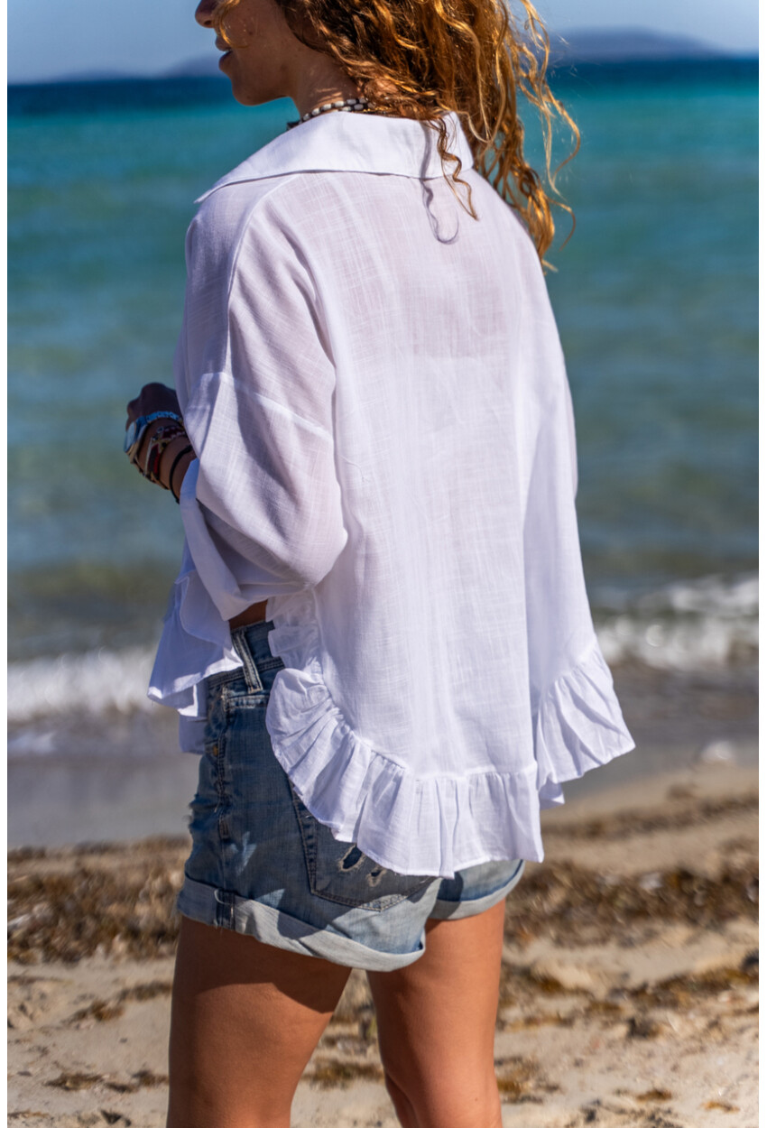 Kadın Beyaz Eteği Fırfırlı Vual Salaş Gömlek BST700-3570