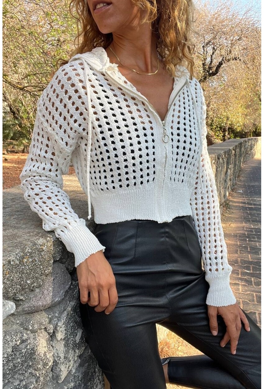 Kadın Beyaz Kapüşonlu Ajurlu Fermuarlı Crop Hırka CP-M5042