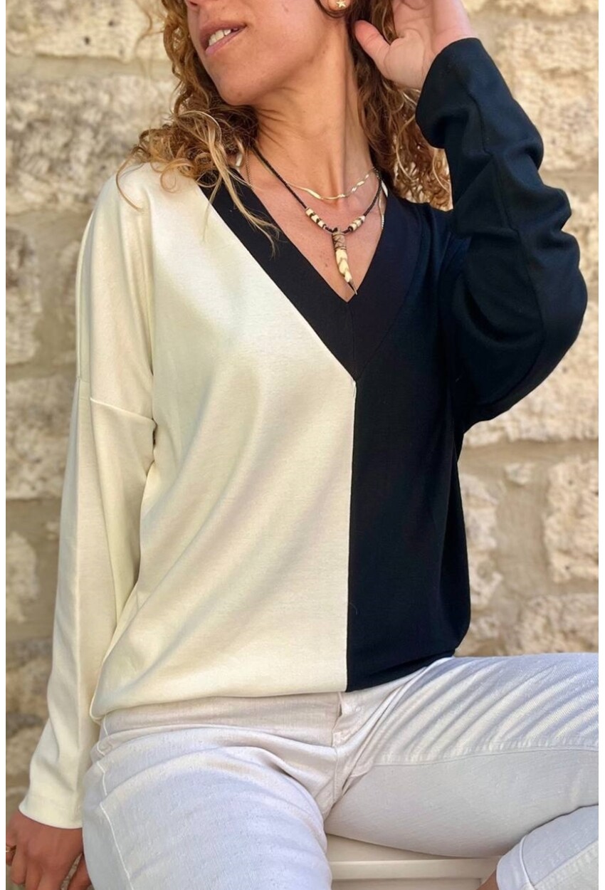 Kadın Beyaz V Yaka Color Block Bluz BST700-3587