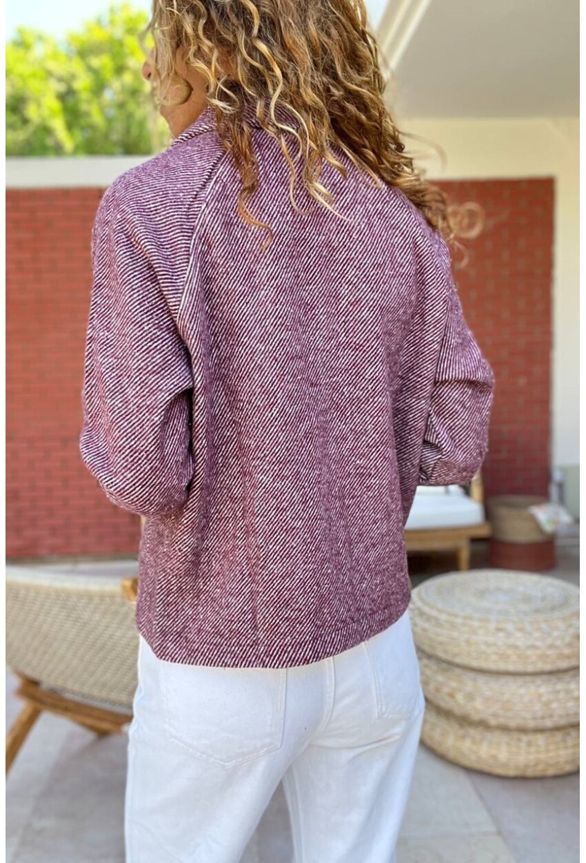 Kadın Bordo Ceket Yaka Düğmeli Raglan Kol Yumuşak Dokulu Astarsız Kaşe Ceket BST700-3529