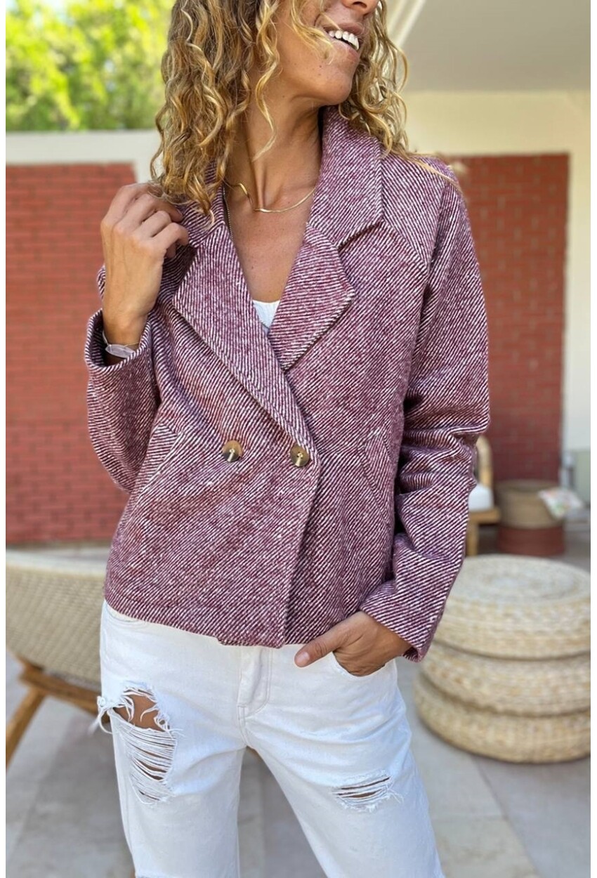 Kadın Bordo Ceket Yaka Düğmeli Raglan Kol Yumuşak Dokulu Astarsız Kaşe Ceket BST700-3529