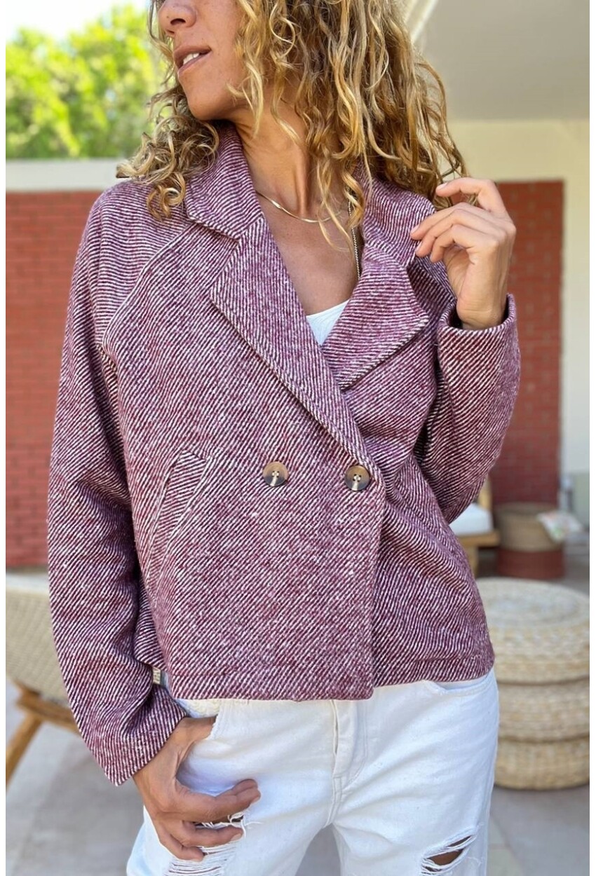 Kadın Bordo Ceket Yaka Düğmeli Raglan Kol Yumuşak Dokulu Astarsız Kaşe Ceket BST700-3529