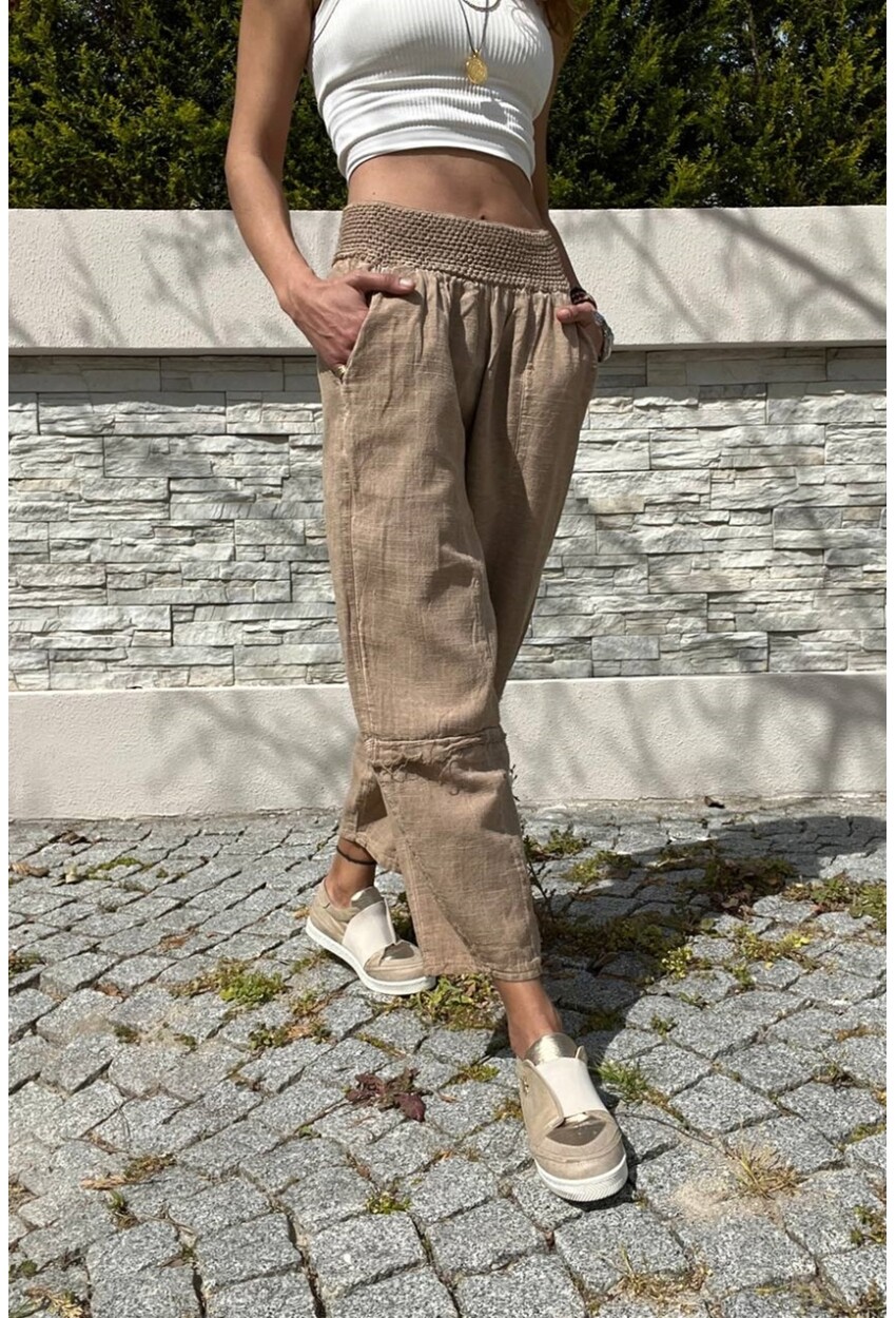 Bronz Beli Lastikli Keten Görünümlü Yıkamalı Cepli Salaş Şalvar Pantolon RSD1230 90 33