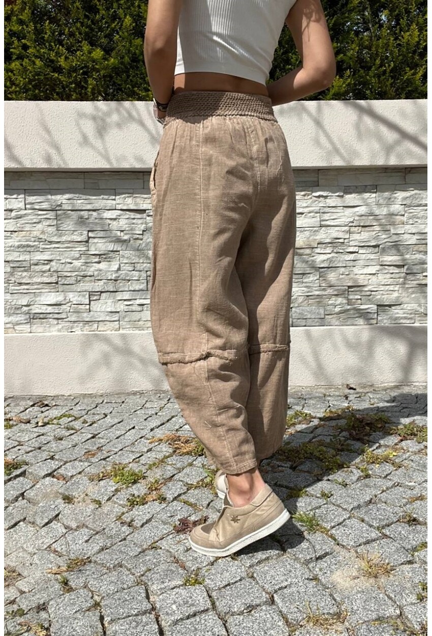 Bronz Beli Lastikli Keten Görünümlü Yıkamalı Cepli Salaş Şalvar Pantolon RSD1230 90 33