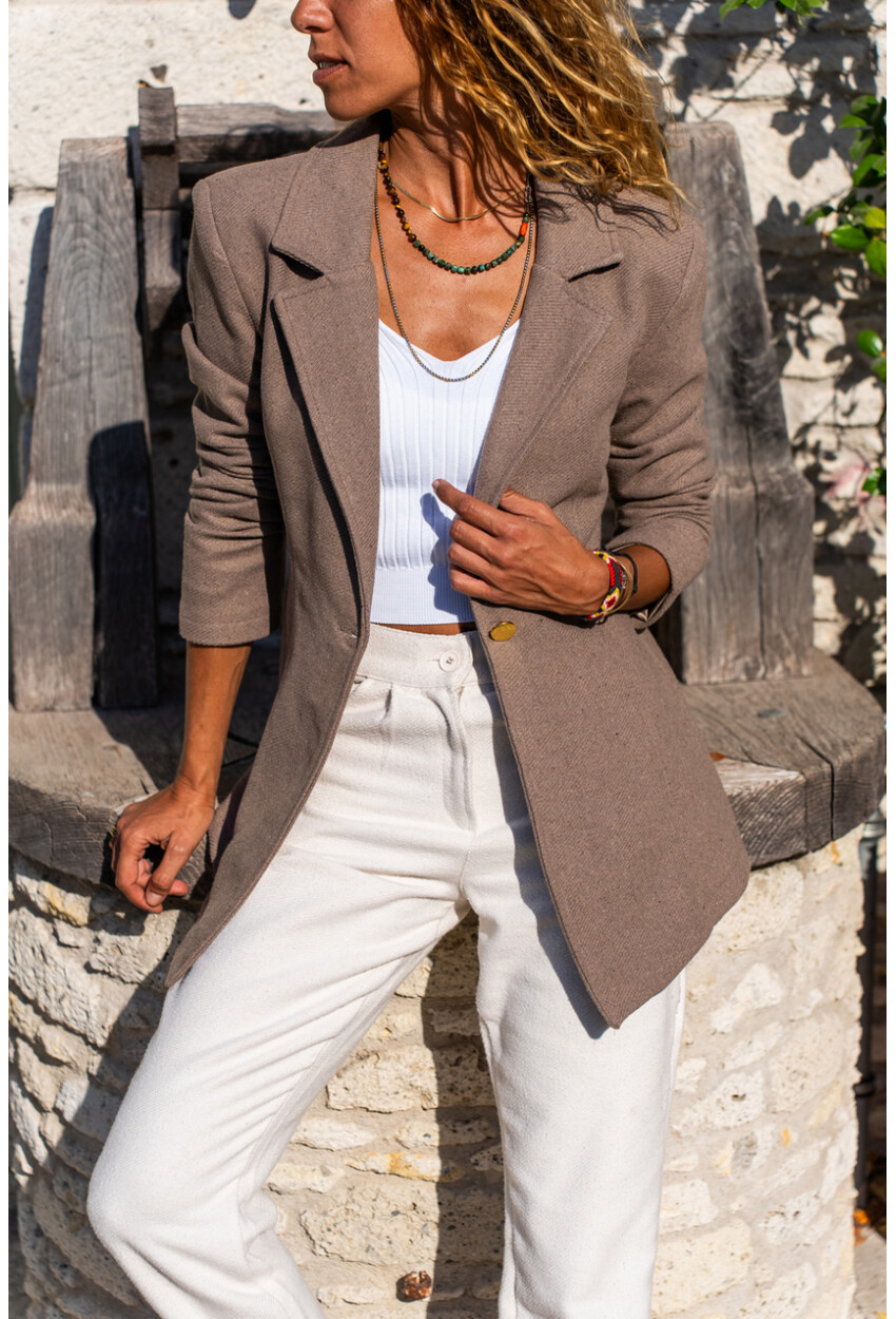 Kadın Bronz Kendinden Desenli Kaşe İçi Astarlı Tek Düğme Blazer Ceket Bst3449