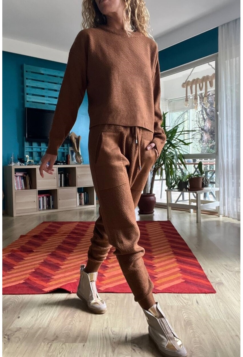 Kadın Bronz Özel Dokulu Beli Lastikli Cepli Triko Eşofman Takım 1St20