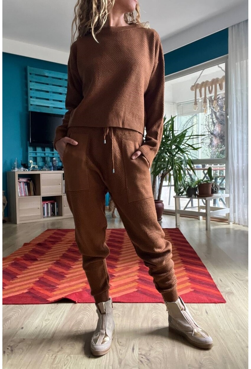 Kadın Bronz Özel Dokulu Beli Lastikli Cepli Triko Eşofman Takım 1St20