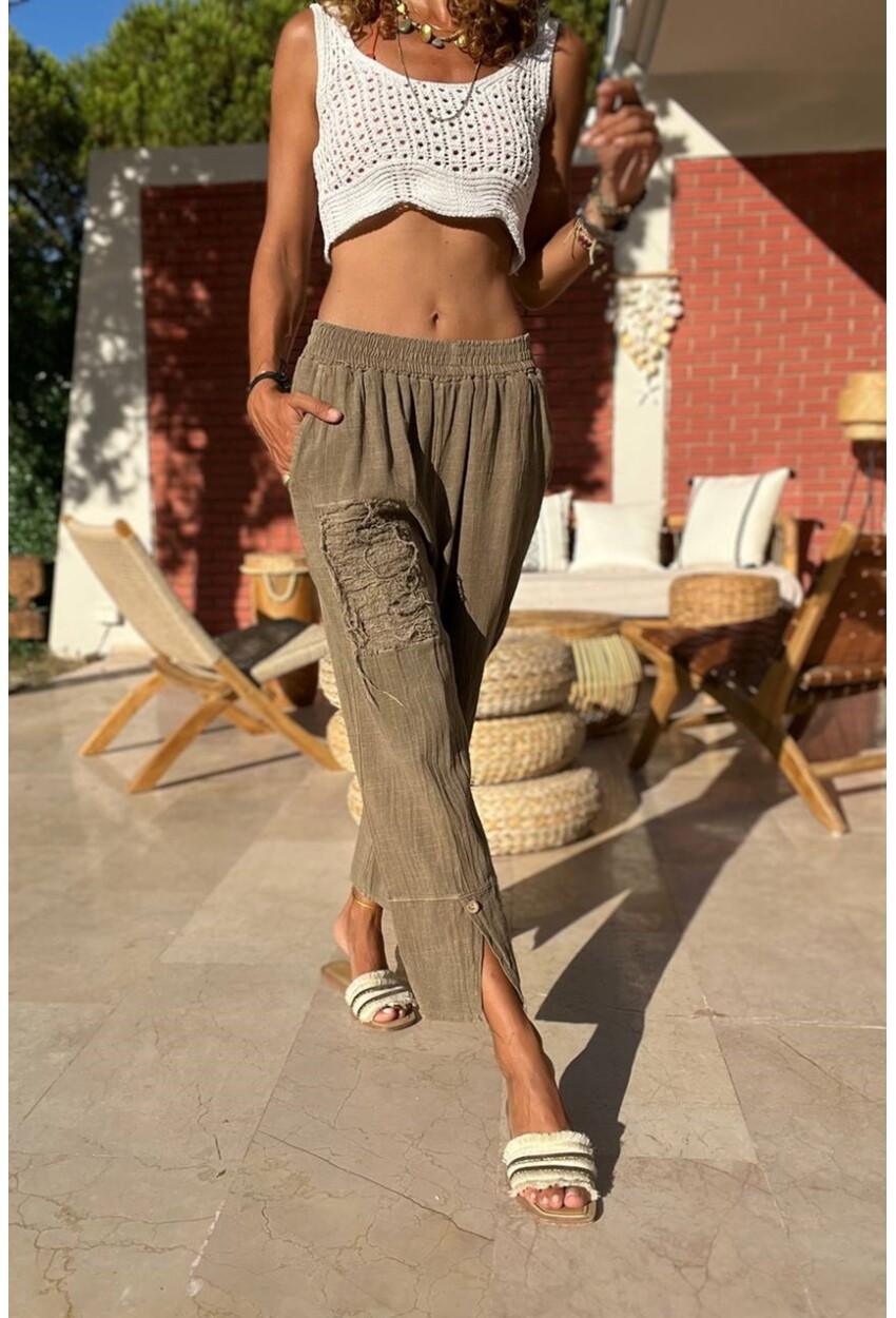 Kadın Bronz Paçası Yırtmaçlı Düğmeli Yıkamalı Keten Görünümlü Şalvar Pantolon RSD1179