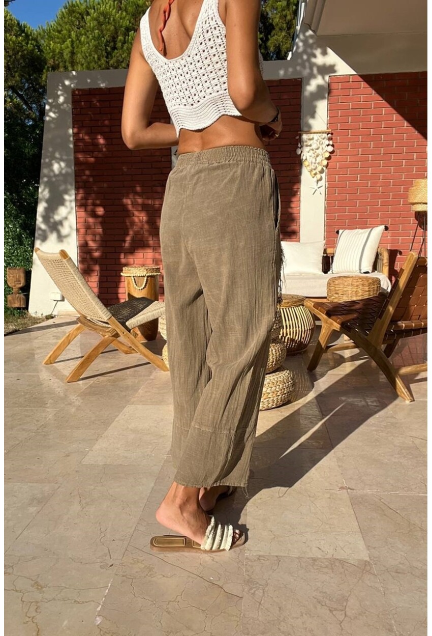 Kadın Bronz Paçası Yırtmaçlı Düğmeli Yıkamalı Keten Görünümlü Şalvar Pantolon RSD1179