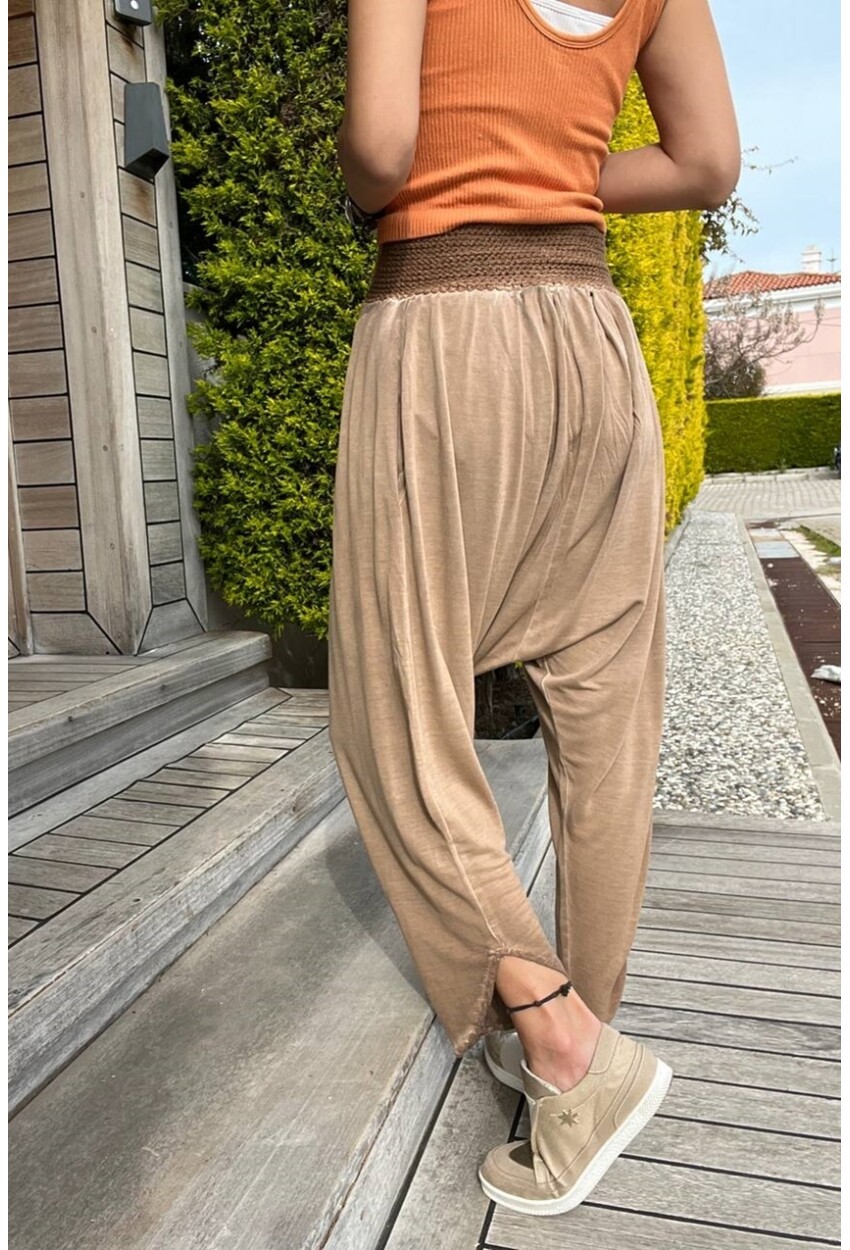 Kadın Bronz Yıkamalı Beli Lastikli Düşük Ağlı Salaş Şalvar Pantolon RSD1229