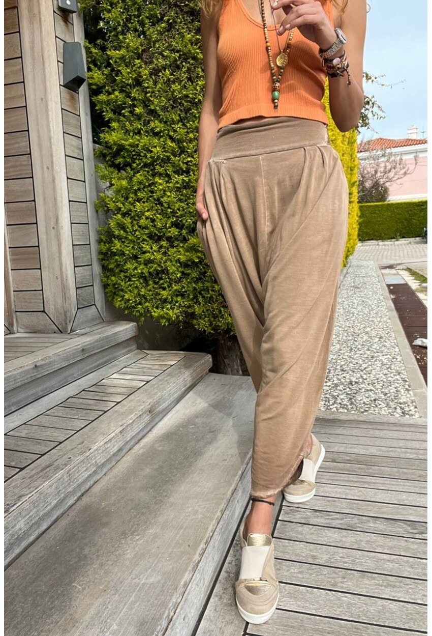 Kadın Bronz Yıkamalı Beli Lastikli Düşük Ağlı Salaş Şalvar Pantolon RSD1229