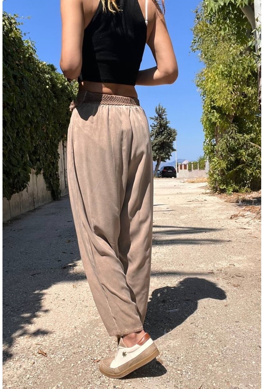 Kadın Bronz Yıkamalı Beli Püskül Korse Detaylı Yumuşak Dokulu Salaş Şalvar Pantolon RSD1133
