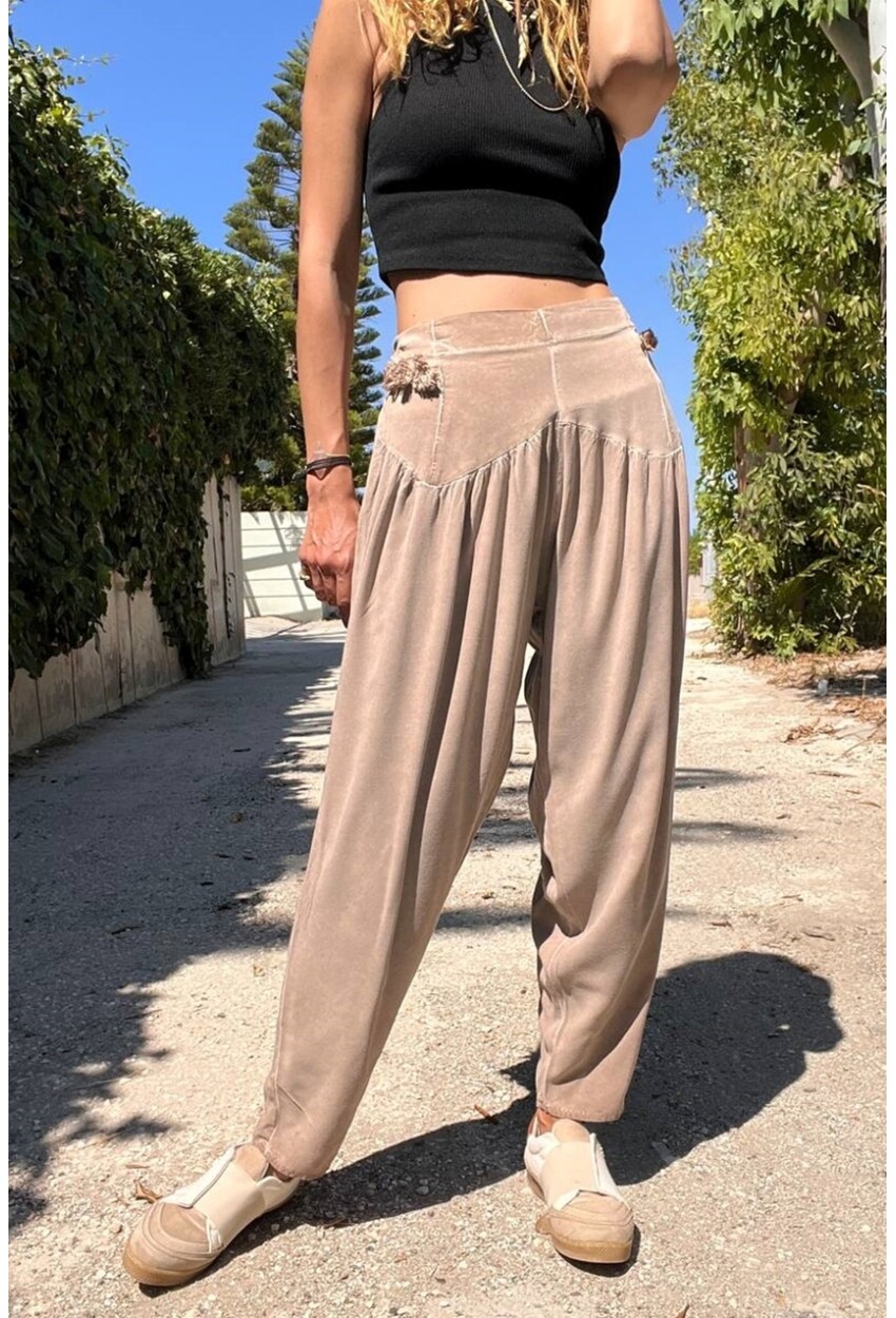 Kadın Bronz Yıkamalı Beli Püskül Korse Detaylı Yumuşak Dokulu Salaş Şalvar Pantolon RSD1133