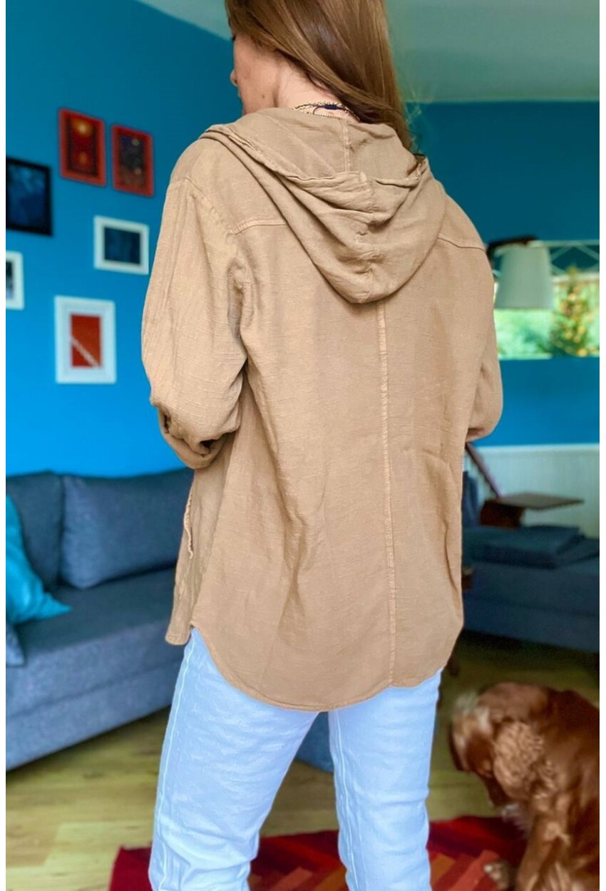 Kadın Bronz Yıkamalı Keten Kapüşonlu Yarım Patlı Kanguru Cep Bluz Rsd3052