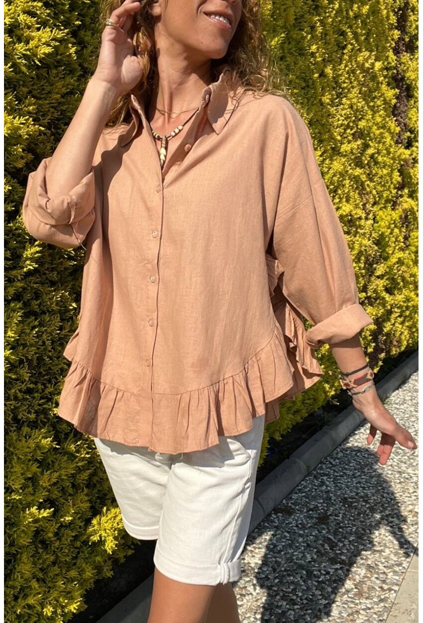 Kadın Camel Eteği Fırfırlı Vual Salaş Gömlek BST700-3570