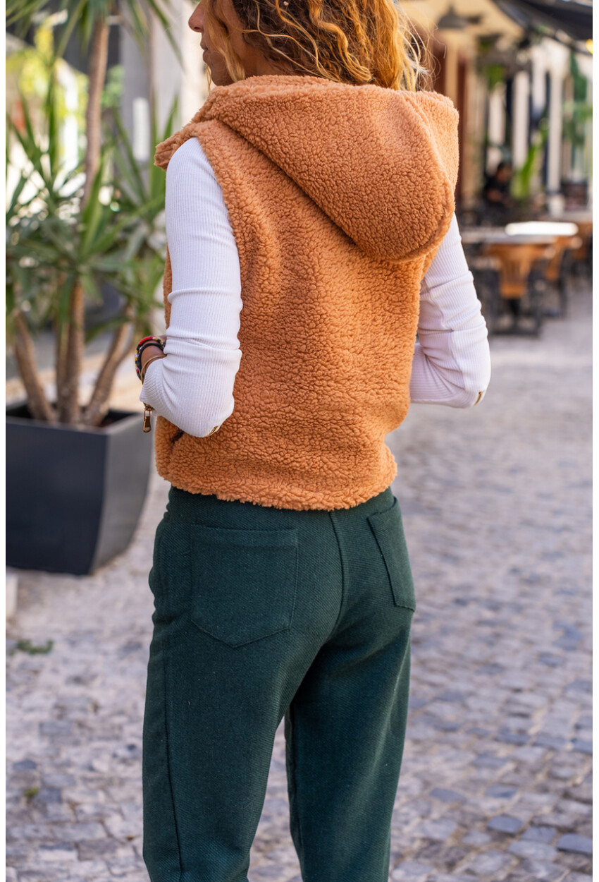 Kadın Camel Kapüşonlu Cepli Crop Peluş Yelek 1St23