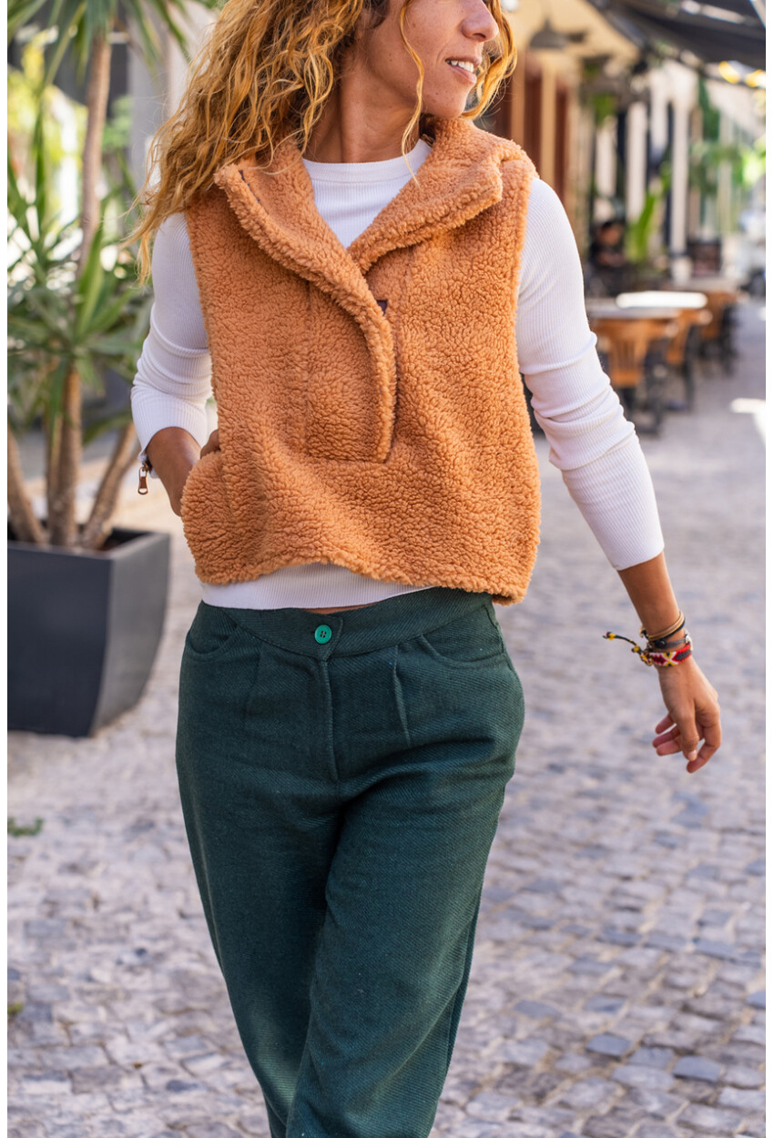 Kadın Camel Kapüşonlu Cepli Crop Peluş Yelek 1St23