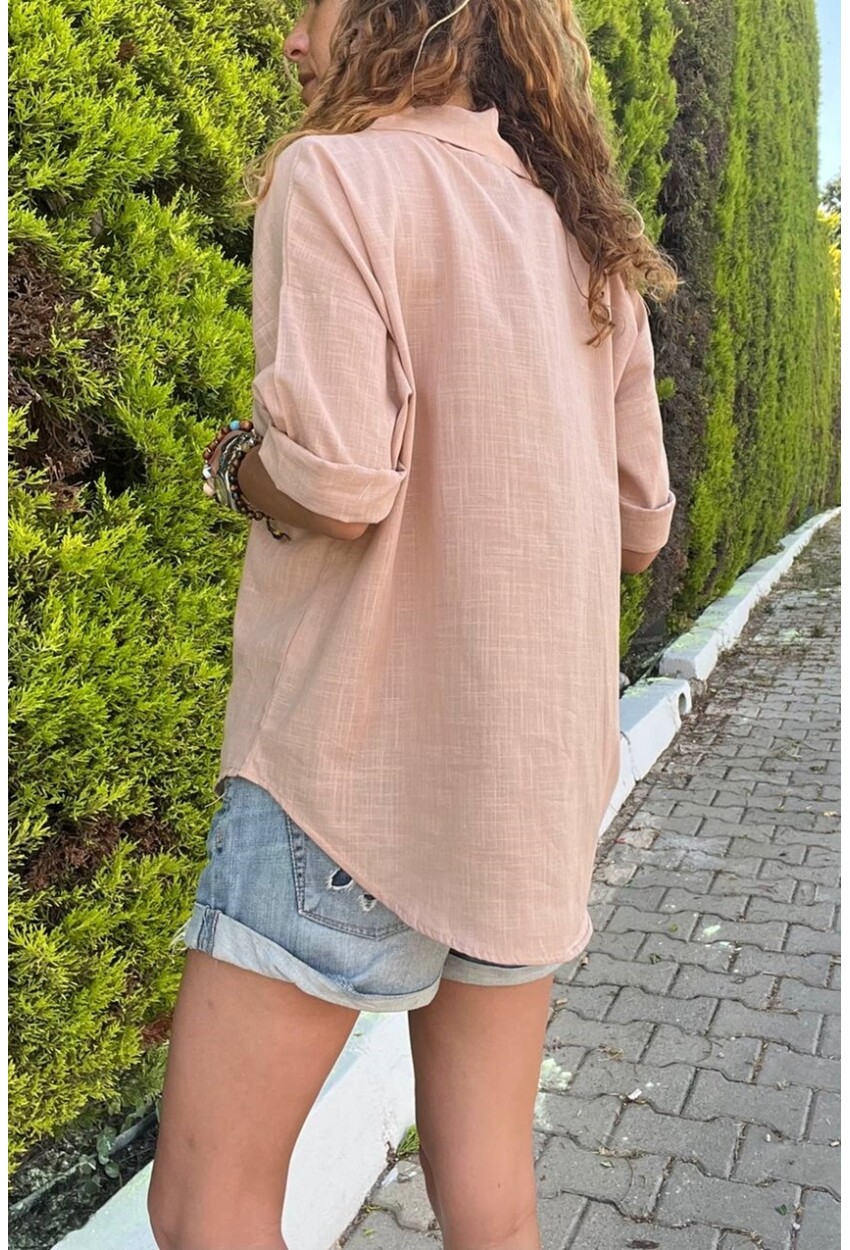 Kadın Camel Keten Görünümlü Tek Cep Truvakar Kol Salaş Gömlek BST3619