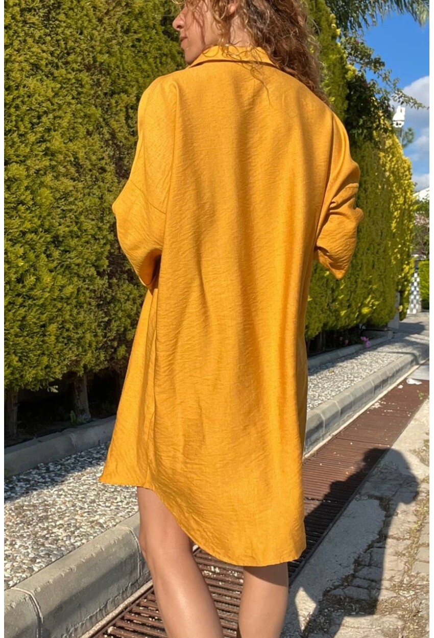 Camel Keten Görünümlü Truvakar Kol Salaş Gömlek Elbise BST700-3582