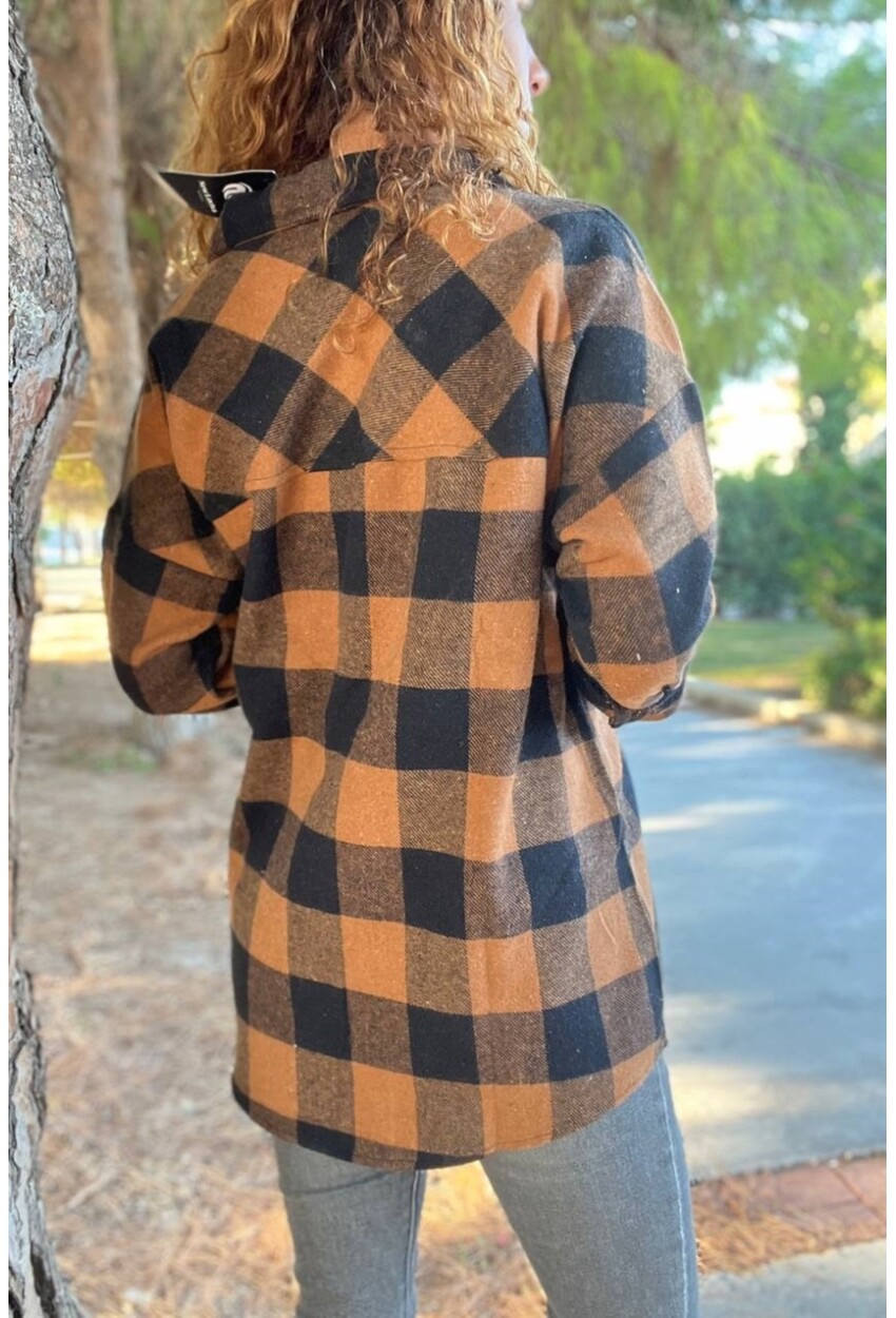 Kadın Camel Oversize Yumuşak Dokulu Kaşe Cepli Gömlek BST700-3539