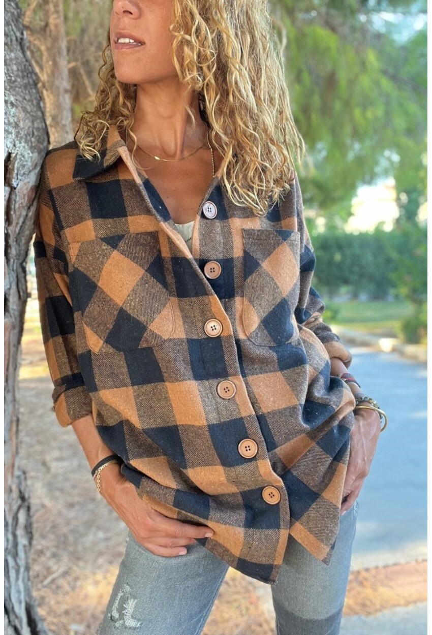 Kadın Camel Oversize Yumuşak Dokulu Kaşe Cepli Gömlek BST700-3539