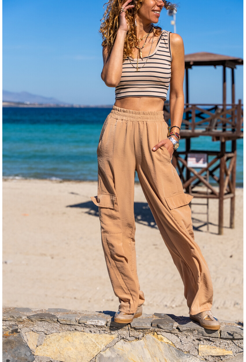 Kadın Camel Yanı Cepli Beli Lastikli Bol Paça Salaş Pantolon BST700-3600