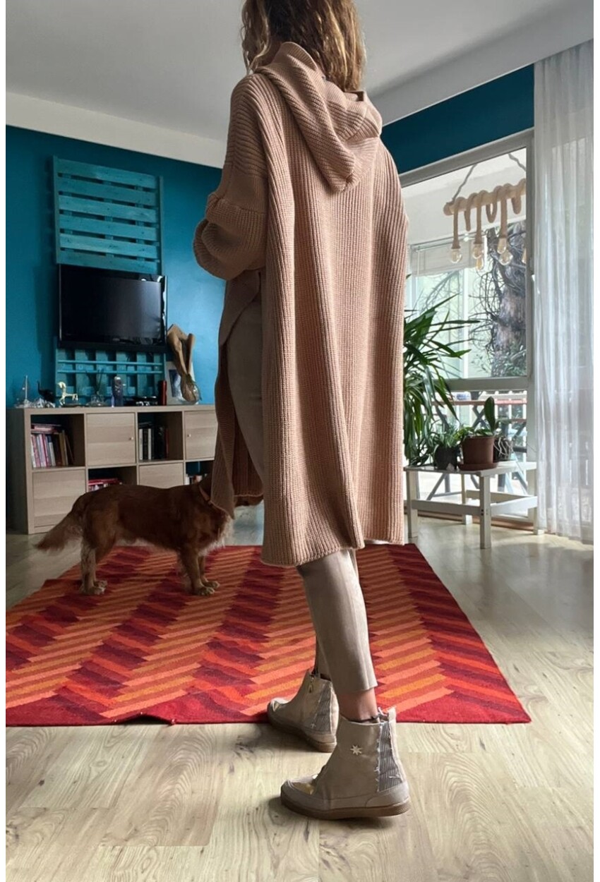 Kadın Camel Yanı Yırtmaçlı Kapüşonlu Uzun Salaş Tunik Kazak Cck95001