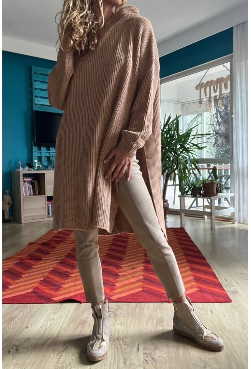 Kadın Camel Yanı Yırtmaçlı Kapüşonlu Uzun Salaş Tunik Kazak Cck95001