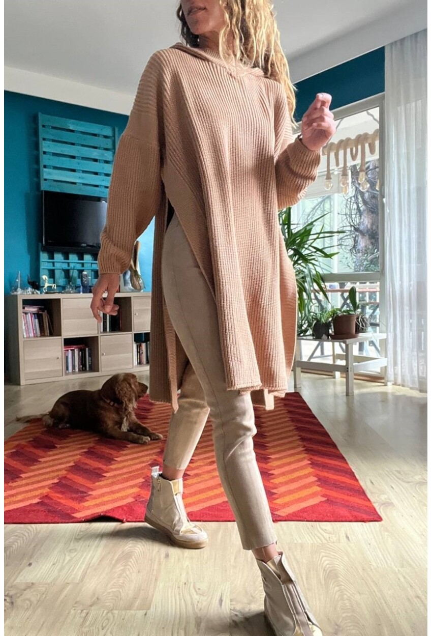 Kadın Camel Yanı Yırtmaçlı Kapüşonlu Uzun Salaş Tunik Kazak Cck95001
