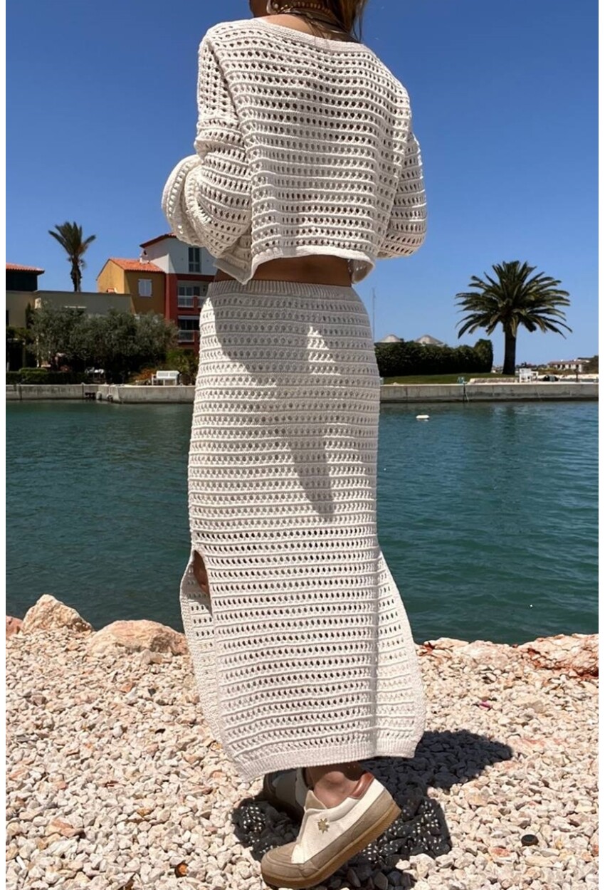 Kadın Ekru Ajurlu Astarlı Yumuşak Dokulu İnce Triko Takım BST-T208Ekru