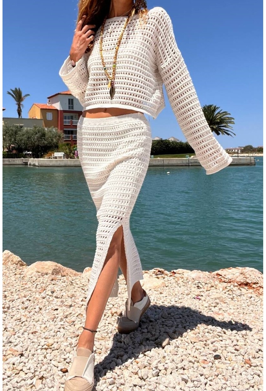 Kadın Ekru Ajurlu Astarlı Yumuşak Dokulu İnce Triko Takım BST-T208Ekru