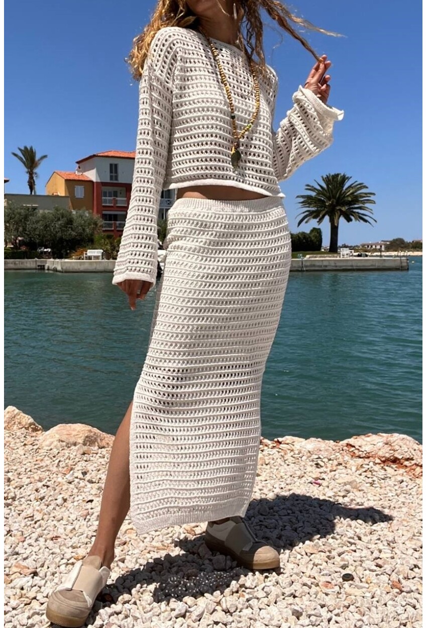 Kadın Ekru Ajurlu Astarlı Yumuşak Dokulu İnce Triko Takım BST-T208Ekru