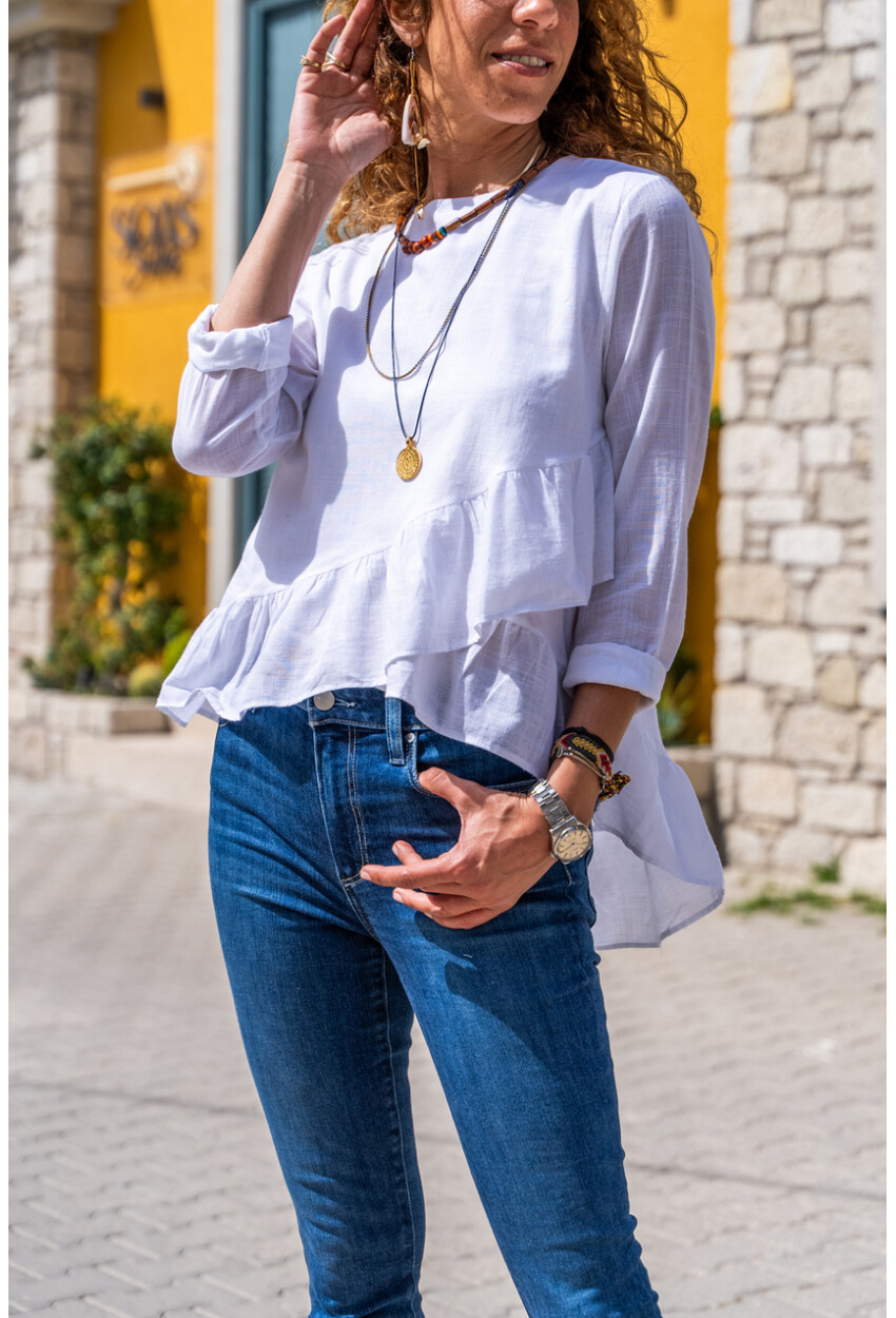 Kadın Ekru Eteği Katlı Fırfırlı Vual Bluz BST700-3571