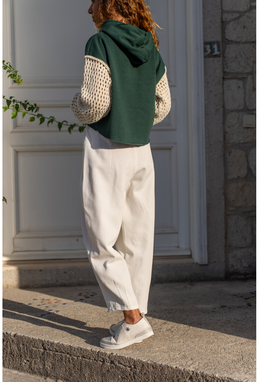 Kadın Ekru Gabardin Beli Lastikli Cepli Salaş Pantolon Bst3475