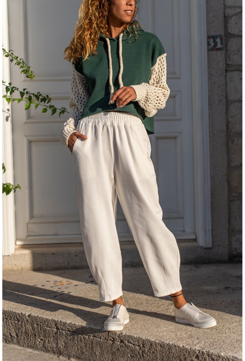Kadın Ekru Gabardin Beli Lastikli Cepli Salaş Pantolon Bst3475