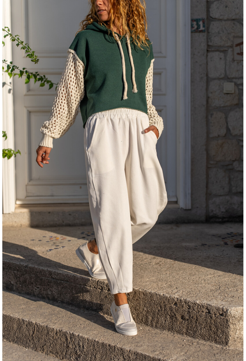Kadın Ekru Gabardin Beli Lastikli Cepli Salaş Pantolon Bst3475