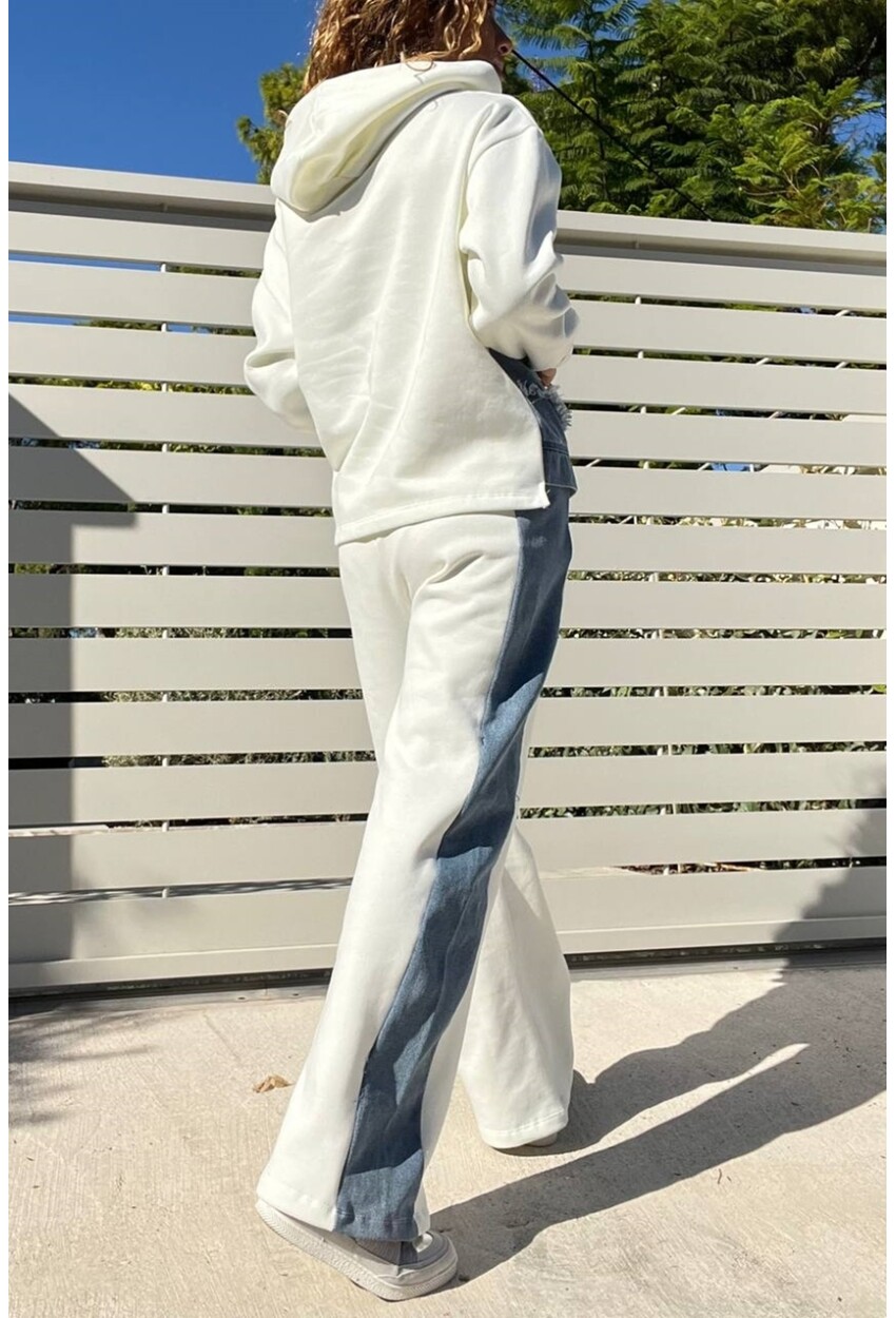 Kadın Ekru İçi Şardonlu Kapüşpnlu Üç İplik Denim Detaylı Eşofman Takımı BND-S71