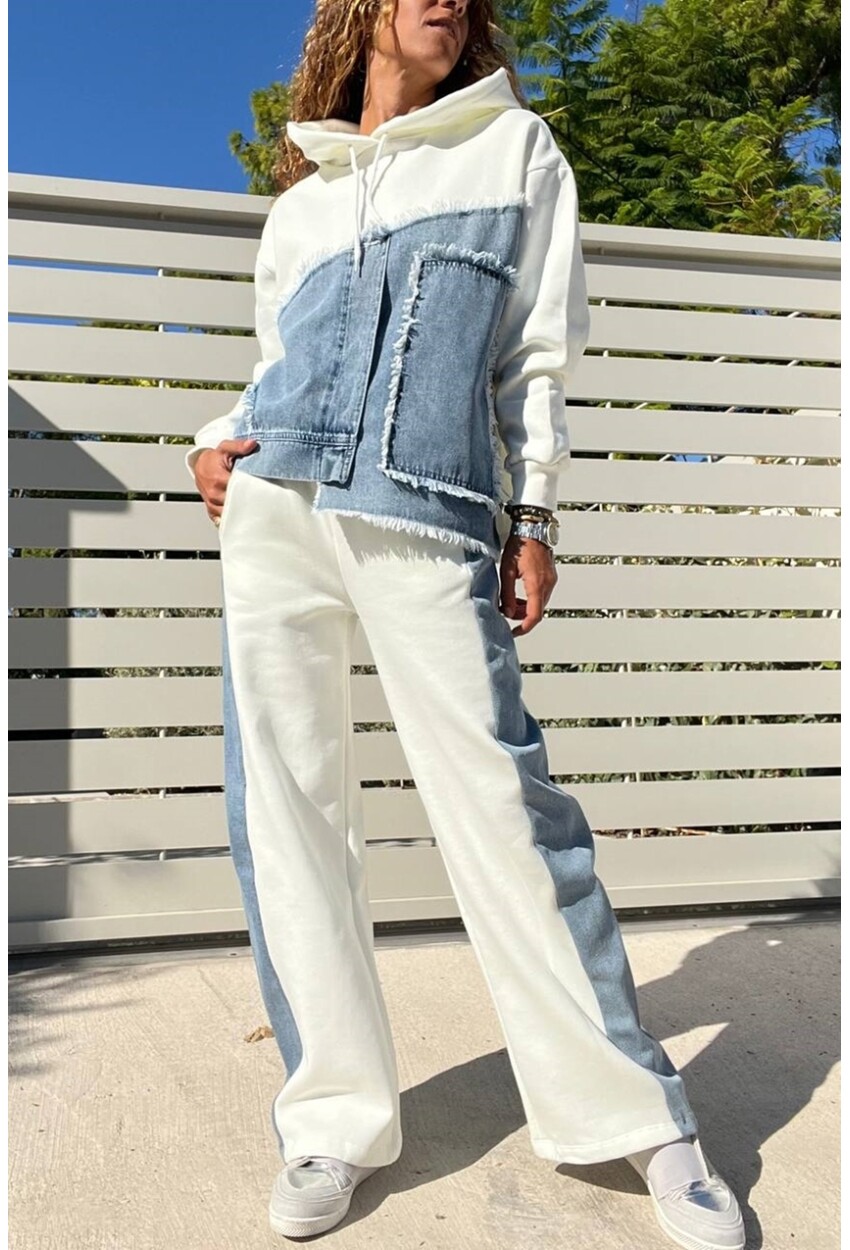 Kadın Ekru İçi Şardonlu Kapüşpnlu Üç İplik Denim Detaylı Eşofman Takımı BND-S71