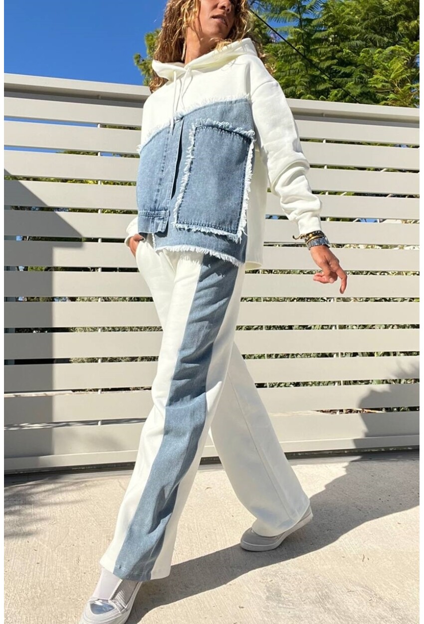 Kadın Ekru İçi Şardonlu Kapüşpnlu Üç İplik Denim Detaylı Eşofman Takımı BND-S71